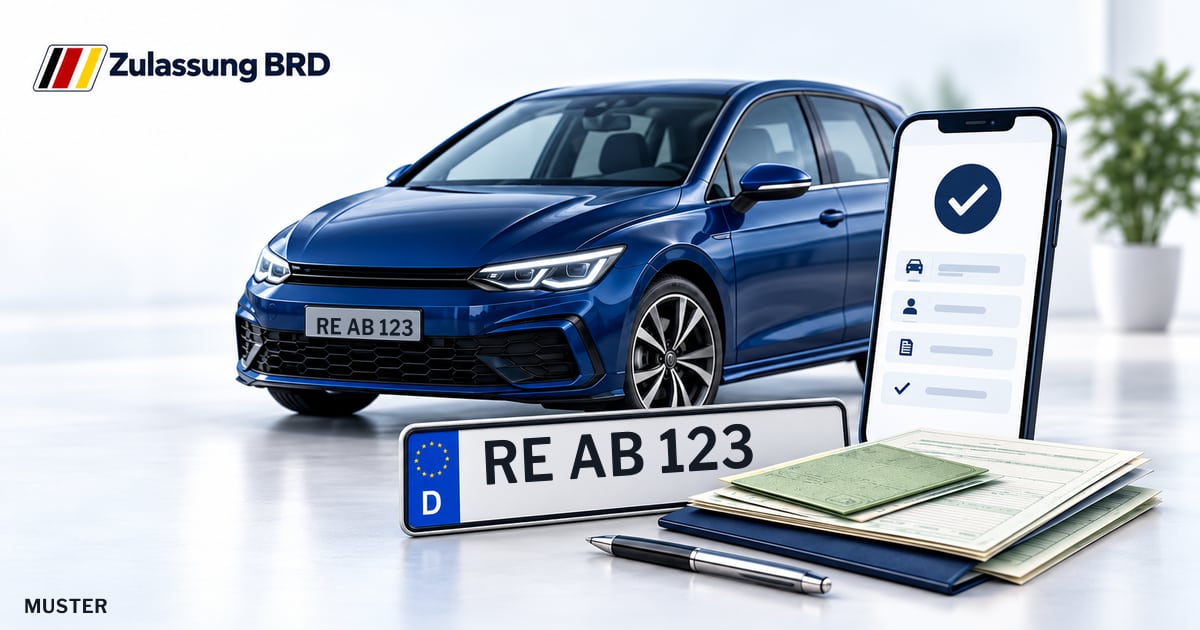 Online Fahrzeugzulassung in Herten: Musterkennzeichen RE AB 123, Auto und Fahrzeugpapiere und Smartphone. Illustration mit Logo von Zulassung BRD.